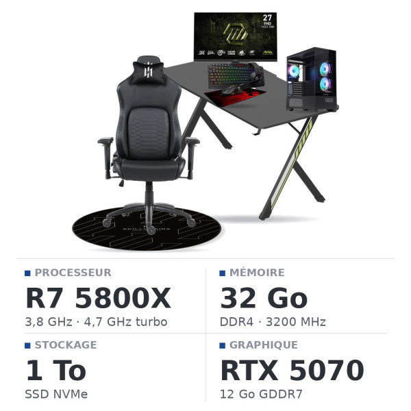 SETUP Complet Ryzen 7 5800X/1TB SSD/32GB/RTX5070 + 27" 240Hz + S101-BA-3 + Fauteuil Nightfall + Bureau NEXUS + Tapis