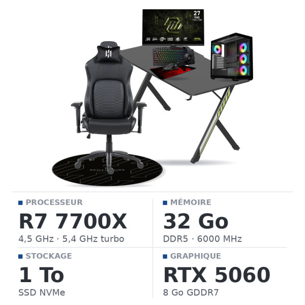 SETUP Complet Ryzen 7 7700X/32GB DDR5/1TB SSD/RTX5060 + 27" 240Hz + S101-BA-3 + Fauteuil Nightfall + Bureau NEXUS + Tapis