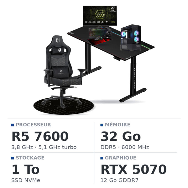 SETUP Complet Ryzen 5 7600/32GB DDR5/1TB SSD/RTX5070 + 27" 240Hz + S101-BA-3 + Fauteuil Basilisk + Bureau TITAN PRO 140 + Tapis