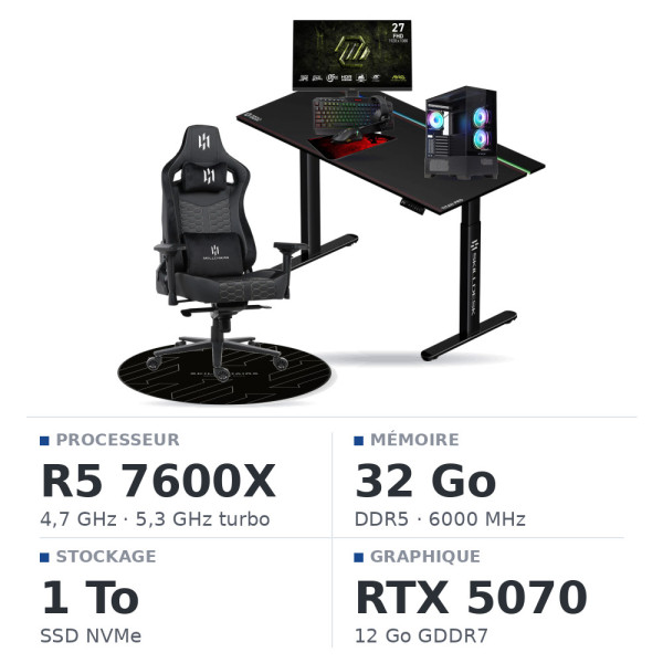 SETUP Complet Ryzen 5 7600X/1TB SSD/32GB DDR5/RTX5070 + 27" 240Hz + S101-BA-3 + Fauteuil Basilisk + Bureau TITAN PRO 140 + Tapis