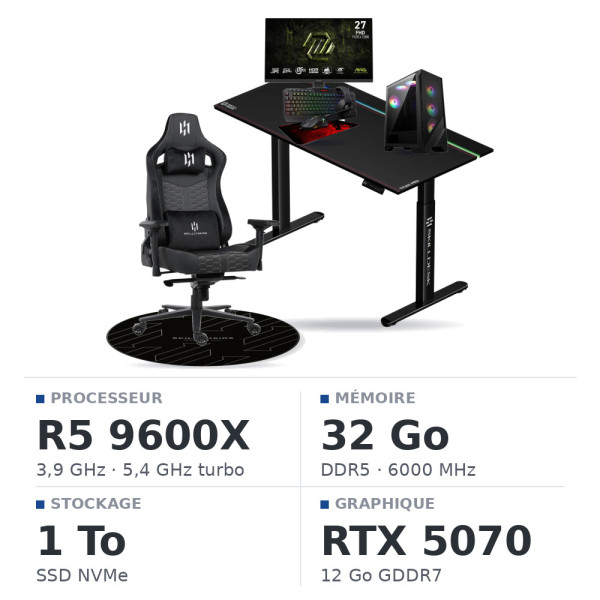 SETUP Complet Ryzen 5 9600X/32GB DDR5/1TB SSD/RTX5070 + 27" 240Hz + S101-BA-3 + Fauteuil Basilisk + Bureau TITAN PRO 140 + Tapis