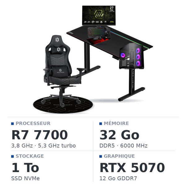 SETUP Complet Ryzen 7 7700/32GB DDR5/1TB SSD/RTX5070 + 27" 240Hz + S101-BA-3 + Fauteuil Basilisk + Bureau TITAN PRO 140 + Tapis