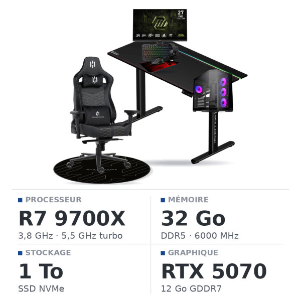 SETUP Complet Ryzen 7 9700X/32GB DDR5/1TB SSD/RTX5070 + 27" 240Hz + S101-BA-3 + Fauteuil Basilisk + Bureau TITAN PRO 140 + Tapis