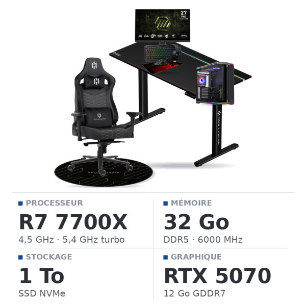 SETUP Complet Ryzen 7 7700X/1TB SSD/32GB DDR5/RTX5070 + 27" 240Hz + S101-BA-3 + Fauteuil Basilisk + Bureau TITAN PRO 140 + Tapis