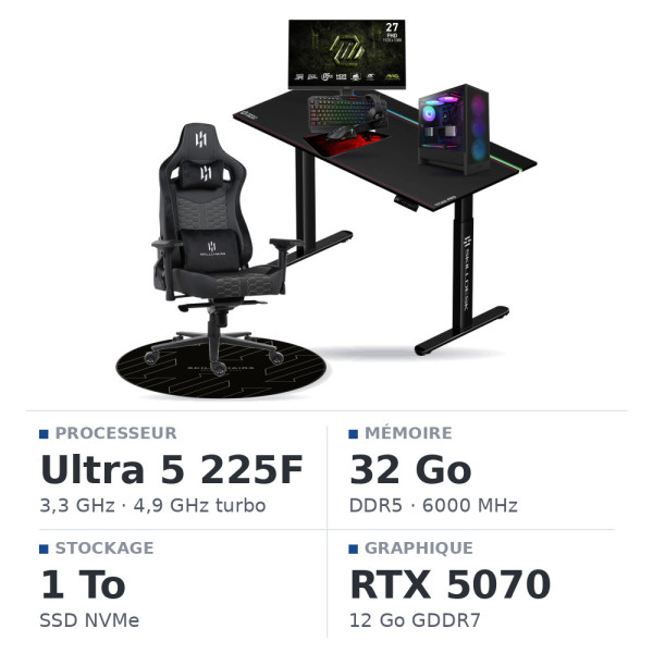 SETUP Complet Ultra 5 225F/1TB SSD/32GB/RTX5070 + 27" 240Hz + S101-BA-3 + Fauteuil Basilisk + Bureau TITAN PRO 140 + Tapis