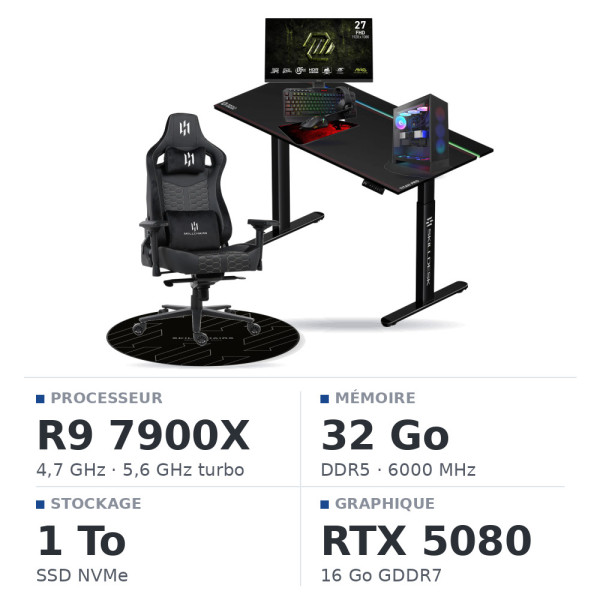 SETUP Complet Ryzen 9 7900X/1TB SSD/32GB DDR5/RTX5080 + 27" 240Hz + S101-BA-3 + Fauteuil Basilisk + Bureau TITAN PRO 140 + Tapis