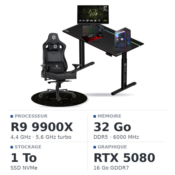 SETUP Complet Ryzen 9 9900X/1TB SSD/32GB DDR5/RTX5080 + 27" 240Hz + S101-BA-3 + Fauteuil Basilisk + Bureau TITAN PRO 140 + Tapis