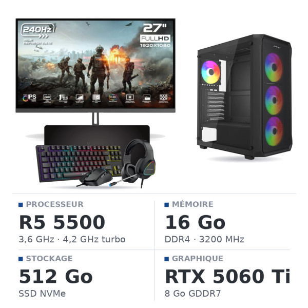 SETUP Gamer  R5 5500 RTX5060 Ti 8G + XK27G24IFF 27" 240Hz + XGC-870