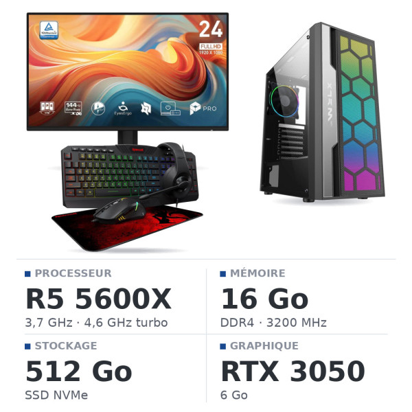 SETUP Gamer  R5 5600X RTX3050 6G + MP243 E14 24" 144Hz + S101-BA-3