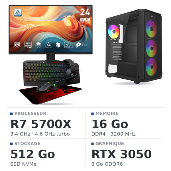 SETUP Ryzen 7 5700X RTX3050 8Go + MP243 E14 24" 144Hz + S101-BA-3