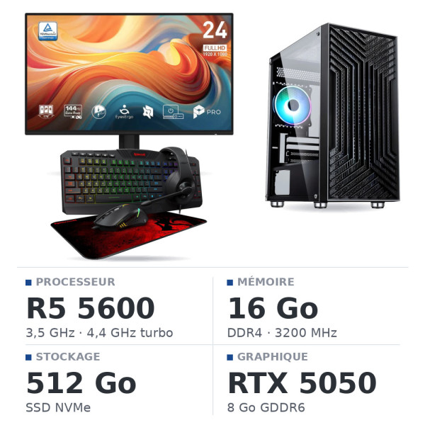 SETUP Ryzen 5 5600 RTX5050 8Go + MP243 E14 24" 144Hz + S101-BA-3