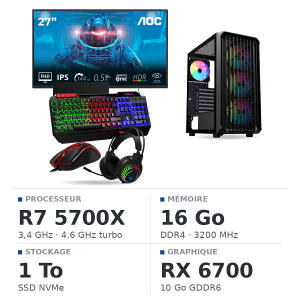 SETUP Gamer Essential R7 5700X RX6700 + XGC-120 + X27G14IFF 27" 144Hz