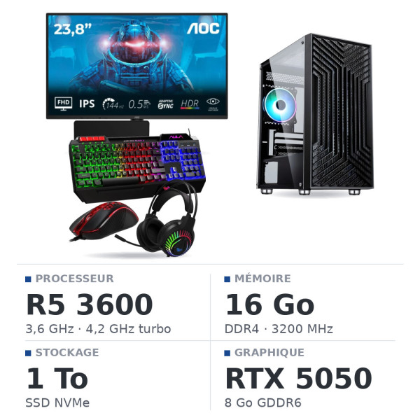 SETUP Gamer Essential R5 3600 RTX5050 + XGC-120 + X24G14IFF 144Hz