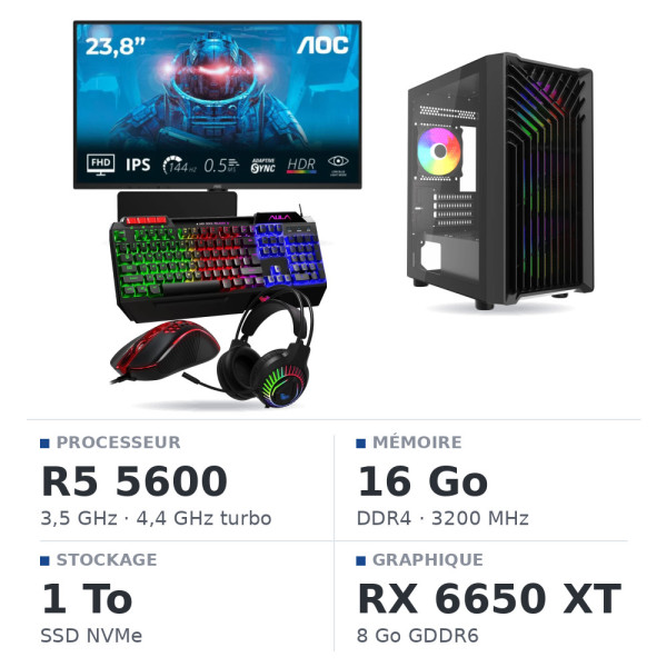 SETUP Gamer Essential R5 5600 RX6650XT + XGC-120 + X24G14IFF 144Hz