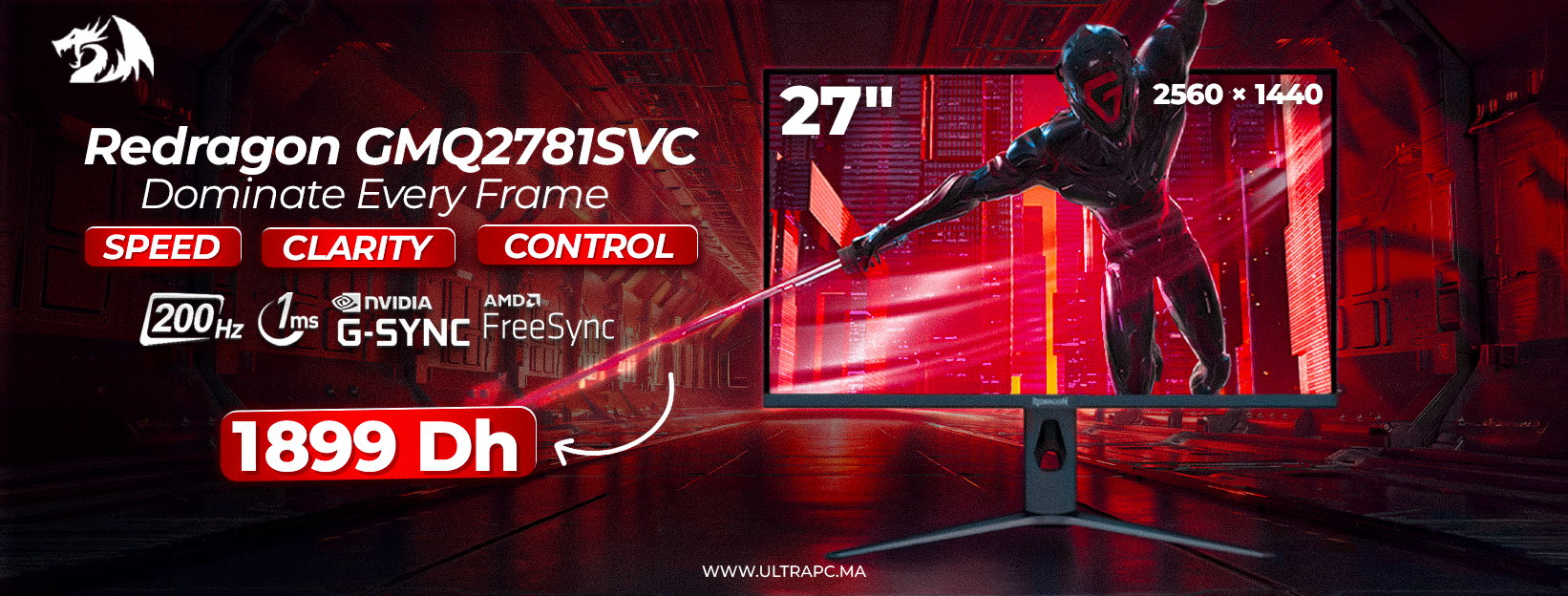 Redragon GMQ2781SVC, écran Redragon 27 pouces, écran gaming Redragon 27, Redragon monitor Maroc, écran gaming 200Hz Maroc, écran gaming 1ms Maroc, écran QHD 2560x1440 gaming, Redragon écran gaming prix Maroc, écran gaming G-Sync FreeSync Maroc, monitor ga