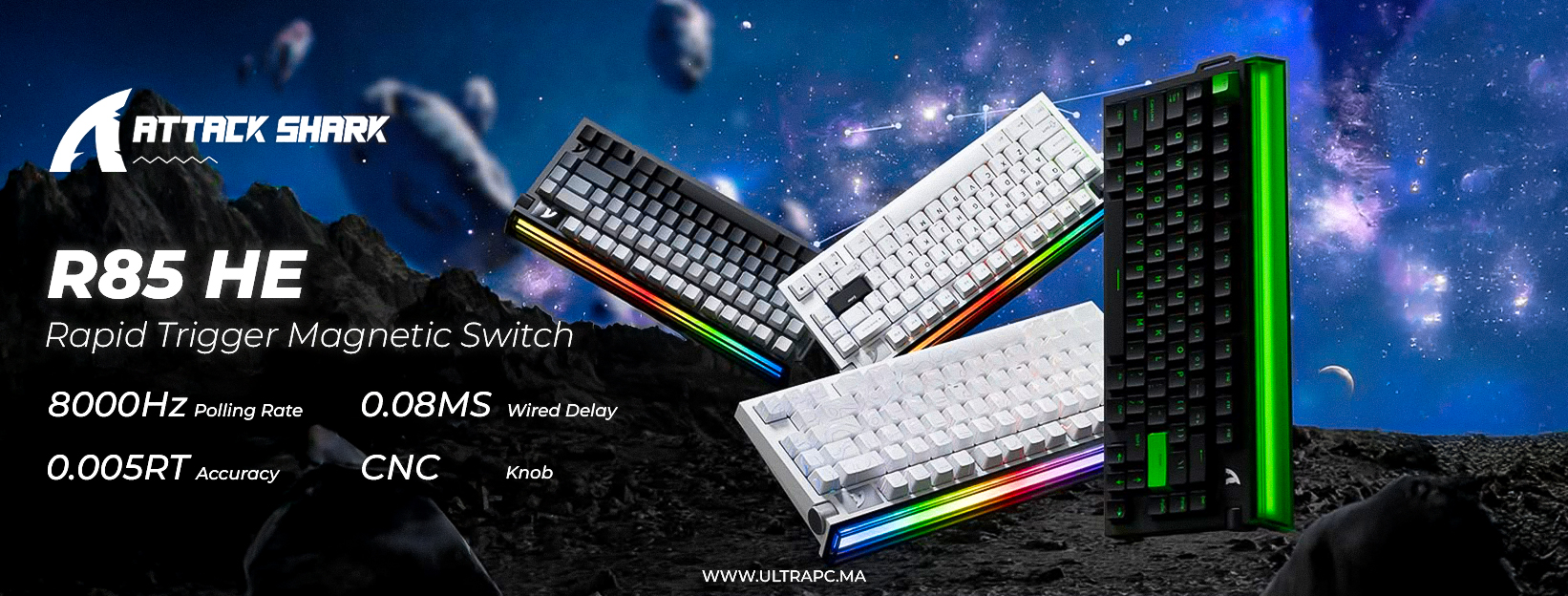 Attack Shark R85 HE, Attack Shark R85 Maroc, clavier gaming Attack Shark R85 HE, clavier magnetic switch gaming, rapid trigger keyboard Maroc, Attack Shark R85 HE prix Maroc, clavier gaming 8000Hz Maroc, clavier gaming ultra rapide 0.08ms, clavier gaming 