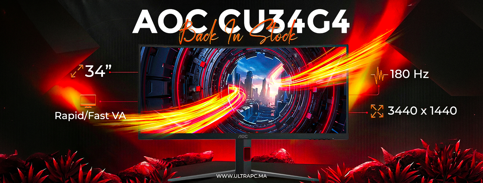 AOC CU34G4, AOC CU34G4 Maroc, écran gaming AOC 34 pouces, écran ultrawide 3440x1440 Maroc, écran gaming 180Hz Maroc, AOC monitor Maroc, écran PC gamer AOC CU34G4, écran incurvé gaming Maroc, AOC CU34G4 prix Maroc, acheter écran AOC Maroc, écran gaming lar