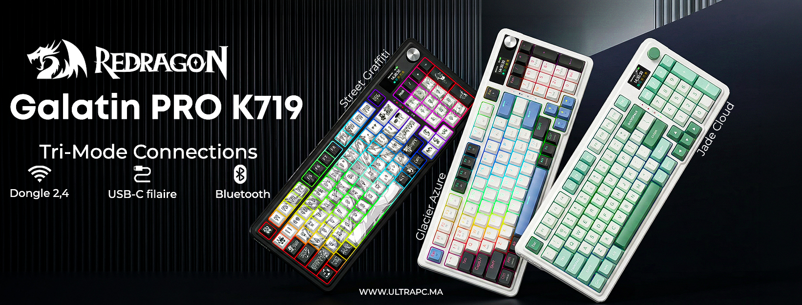Redragon Galatin PRO K719, Redragon K719 Maroc, clavier gaming Redragon K719, clavier mécanique Redragon K719, Redragon K719 tri mode, clavier gaming Bluetooth 2.4G USB-C, Redragon Galatin PRO Maroc, clavier RGB gaming Redragon, Redragon keyboard Maroc, R