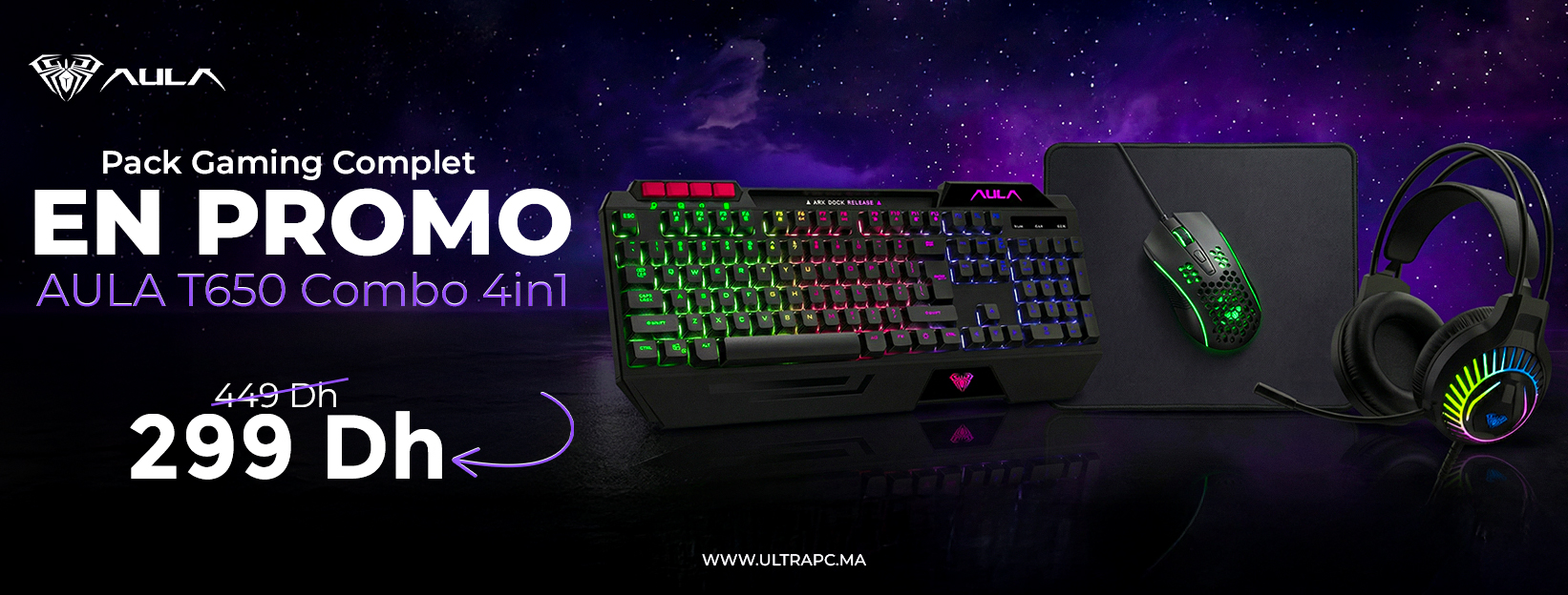 AULA T650 Combo, AULA T650 Maroc, pack gaming AULA 4in1, combo gaming clavier souris casque tapis, AULA gaming combo Maroc, AULA T650 prix Maroc, pack gaming pas cher Maroc, AULA keyboard mouse headset combo, accessoires gaming AULA Maroc, AULA combo gami