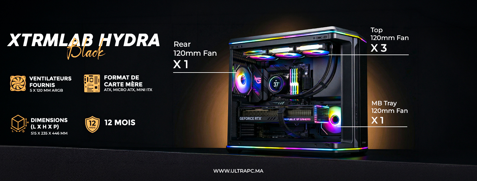 XTRMLAB HYDRA Maroc, boitier PC HYDRA Maroc, XTRMLAB case Maroc, gaming PC case Maroc, boitier PC RGB Maroc, ATX case Maroc, micro ATX case Maroc, mini ITX case Maroc, PC case airflow Maroc, boitier PC avec ventilateurs Maroc, RGB case Maroc, PC build Mar