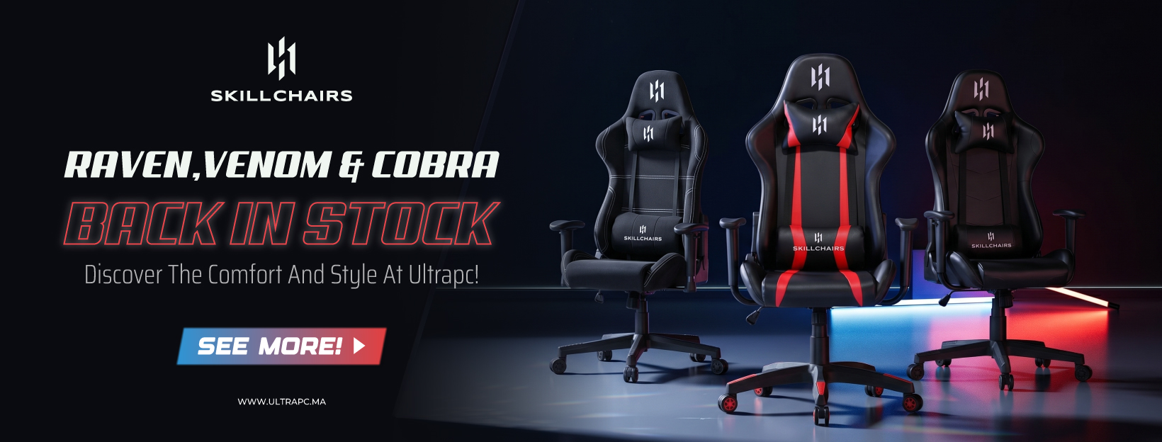 skillchairs gaming chairs venom, cobra & rven banner, skillchairs, ultrapc.ma, banner