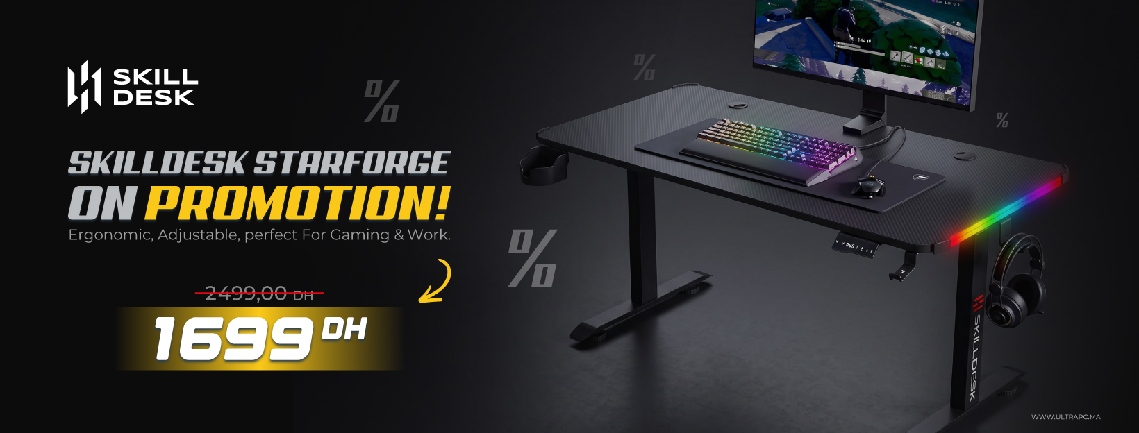 SkillDesk Starforge Maroc, SkillDesk Starforge Gaming Desk, bureau gaming Maroc, gaming desk Maroc, bureau PC gamer Maroc, bureau gaming RGB Maroc, bureau réglable en hauteur Maroc, ergonomic gaming desk Maroc, bureau gaming électrique Maroc, gaming works