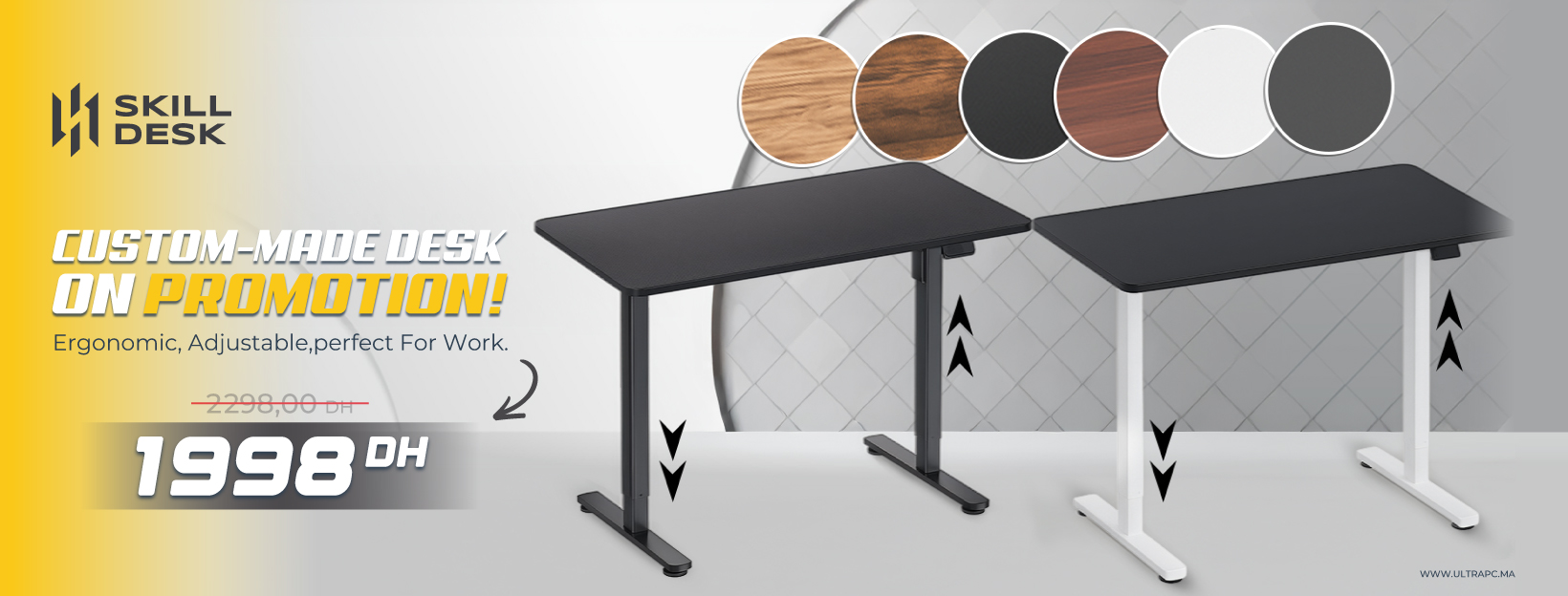 SkillDesk Maroc, SkillDesk desk Maroc, bureau réglable Maroc, bureau assis debout Maroc, standing desk Maroc, bureau ergonomique Maroc, bureau gaming Maroc, bureau PC Maroc, bureau informatique Maroc, bureau sur mesure Maroc, custom desk Maroc, bureau aju